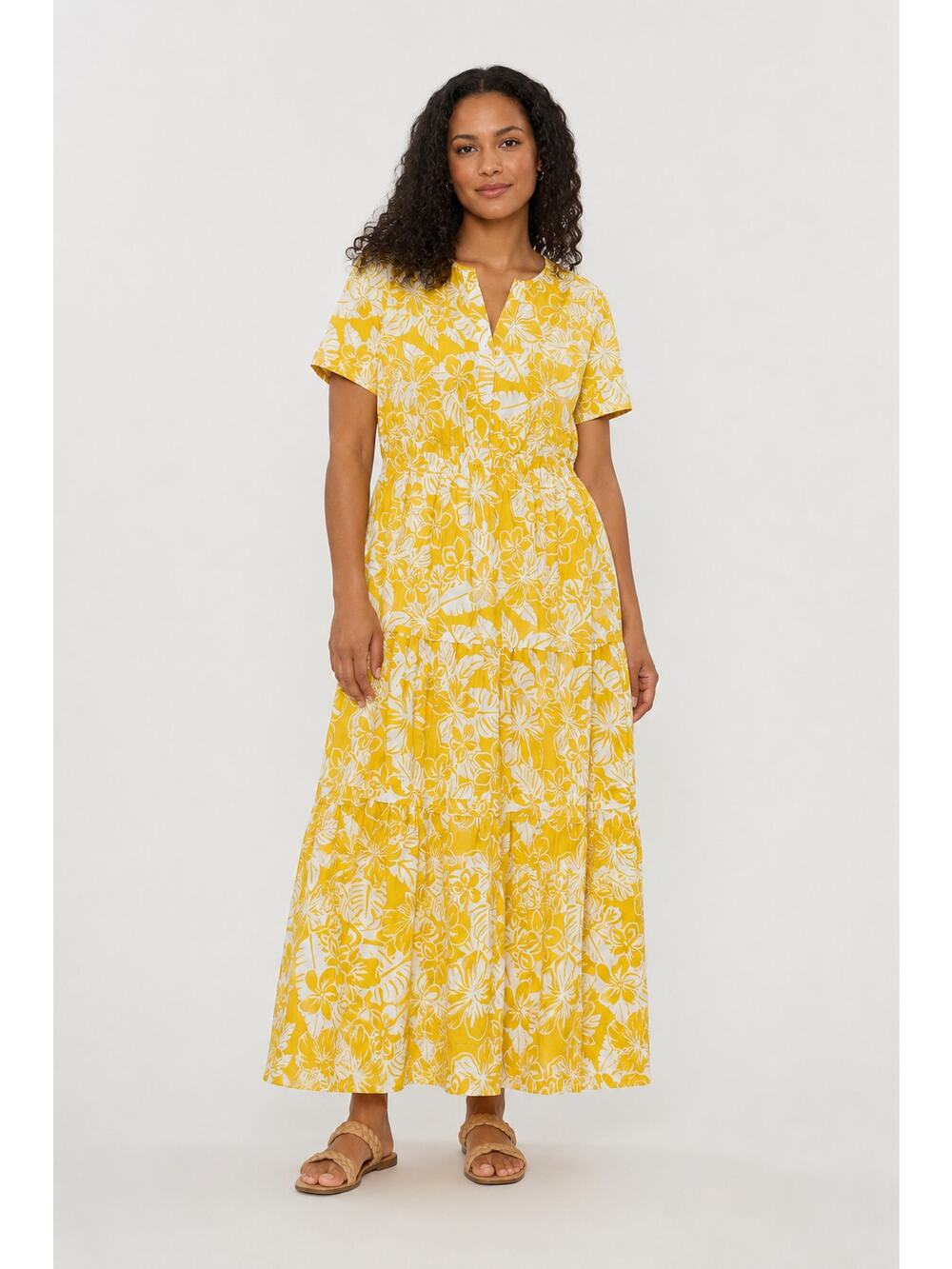 Casa Cabana Emme Tiered Floral Maxi Dress Short Sleeve Marigold Womens XL New
